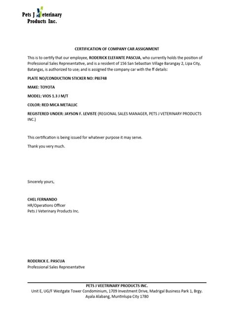 assignmentcertification|Certification of Company Car Assignment .